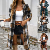 2025 Autumn Winter Fashionable Plaid Print Hooded Long Sleeve Woolen Coat Women&
