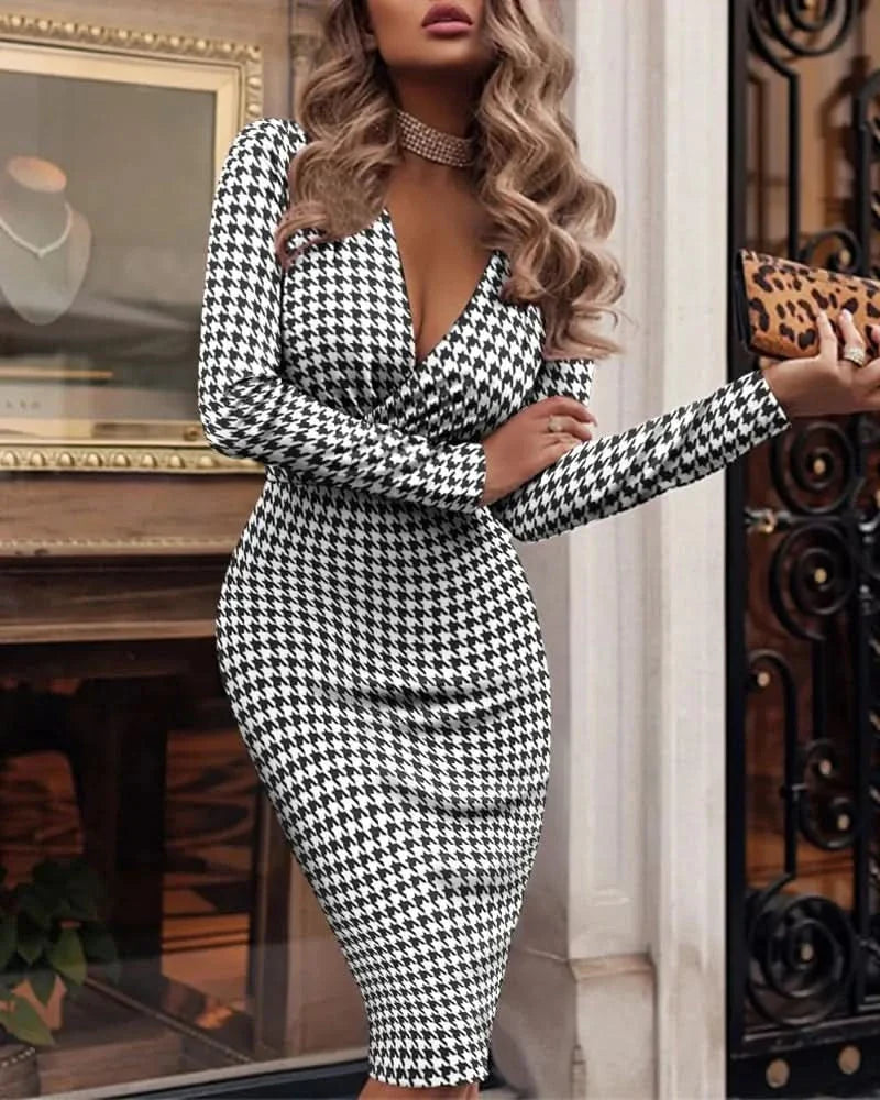 New Autumn/Winter Sexy Long Sleeve V-Neck Wrapped Hip Print Dress for Women
