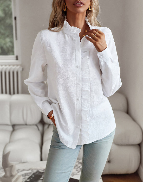 Striped Long Sleeve Shirt Fashion Ruffle Design Button Up Tops Casual Office Blouse Elegant Commuting Women&
