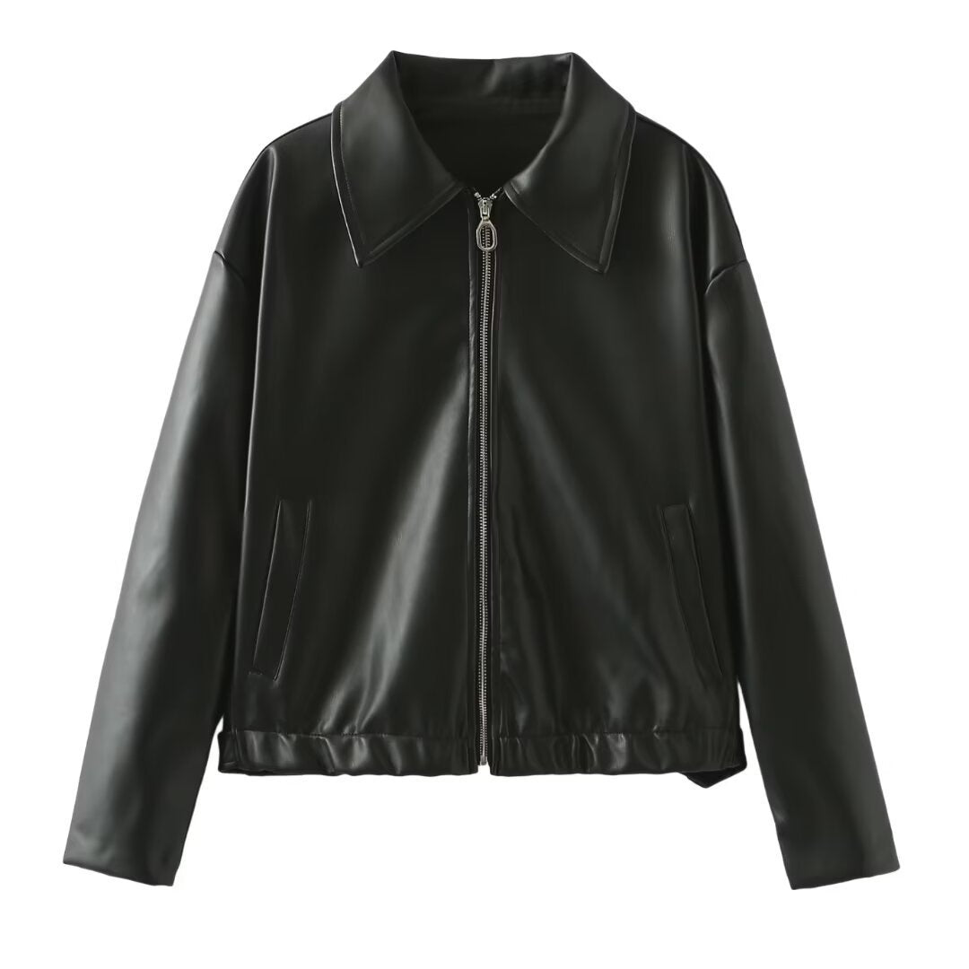 Solid Color Lapel Zipper Jacket Fashion Casual Long Sleeve Leather Coat Tops Women Clothing - Lifestil. www.Lifestil.net