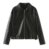 Solid Color Lapel Zipper Jacket Fashion Casual Long Sleeve Leather Coat Tops Women Clothing - Lifestil. www.Lifestil.net