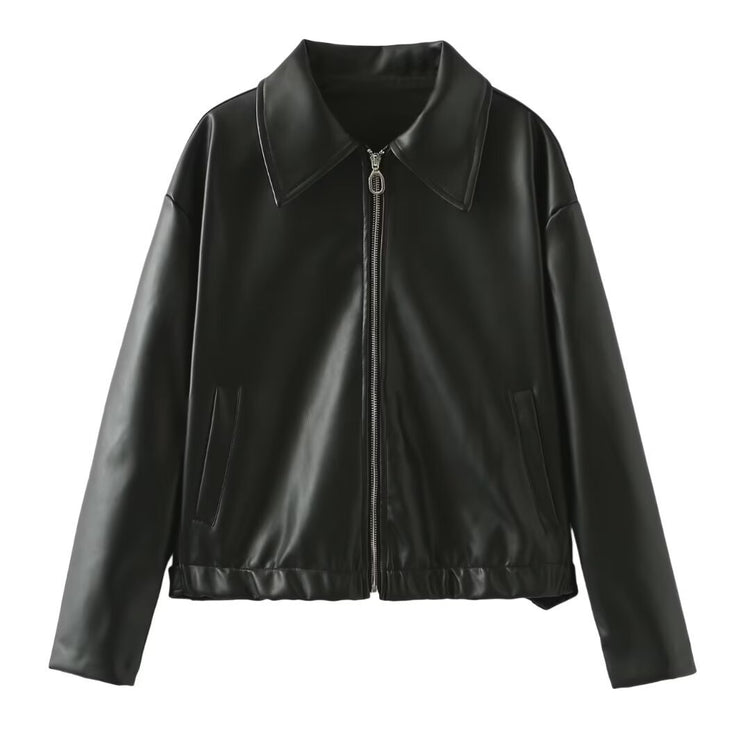 Solid Color Lapel Zipper Jacket Fashion Casual Long Sleeve Leather Coat Tops Women Clothing - Lifestil. www.Lifestil.net