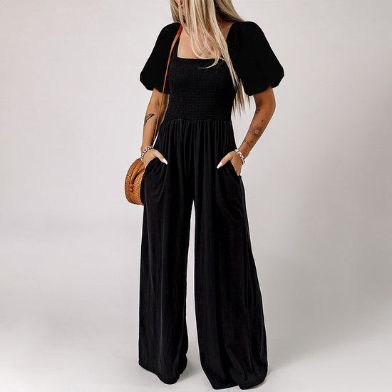Women’s Puff Sleeve Wide Leg Jumpsuit – Elegant Square Neck Palazzo Romper with Pockets