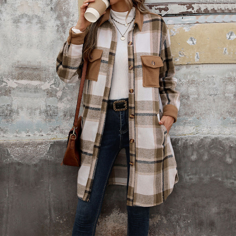 New Brushed Plaid Long Coat With Pockets Fashion Winter Jacket Outwear Women&