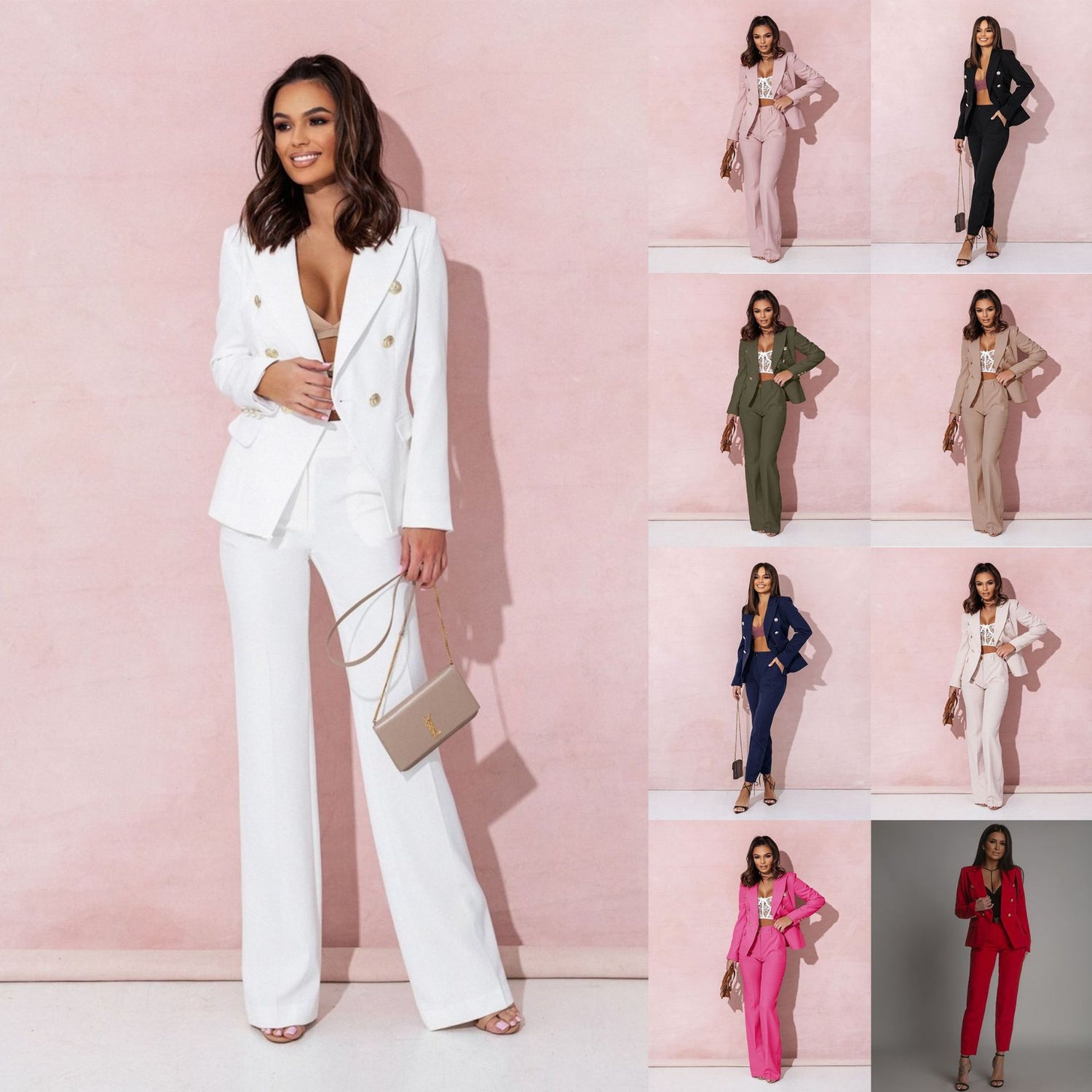 Woman in a white suit with multiple color options displayed on a pink background
