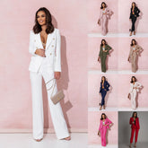 Woman in a white suit with multiple color options displayed on a pink background
