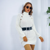 Winter Turtleneck Long Sweater Dress With Button Design Leisure Clinch Long Sleeve Base Sweater Women - Lifestil. www.Lifestil.net
