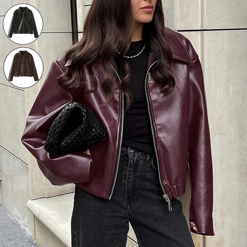 Solid Color Lapel Zipper Jacket Fashion Casual Long Sleeve Leather Coat Tops Women Clothing - Lifestil. www.Lifestil.net