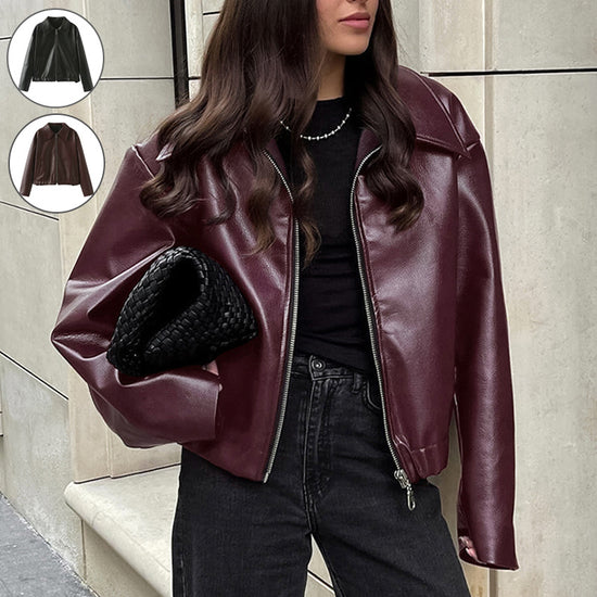 Solid Color Lapel Zipper Jacket Fashion Casual Long Sleeve Leather Coat Tops Women Clothing - Lifestil. www.Lifestil.net