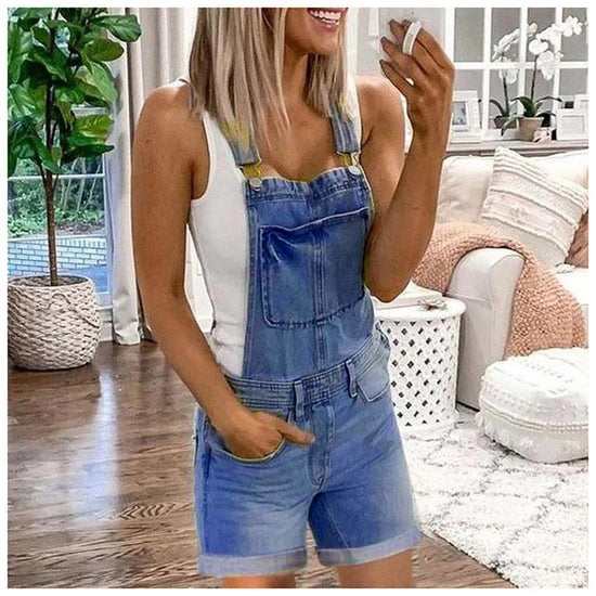Women’s Stretch Denim Overall Romper with Pockets – Classic Fit, Plus Size S–3XL