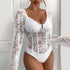 Chic White Lace Teddy Bodysuit with V-Neck and Sculpting Fit - Lifestil