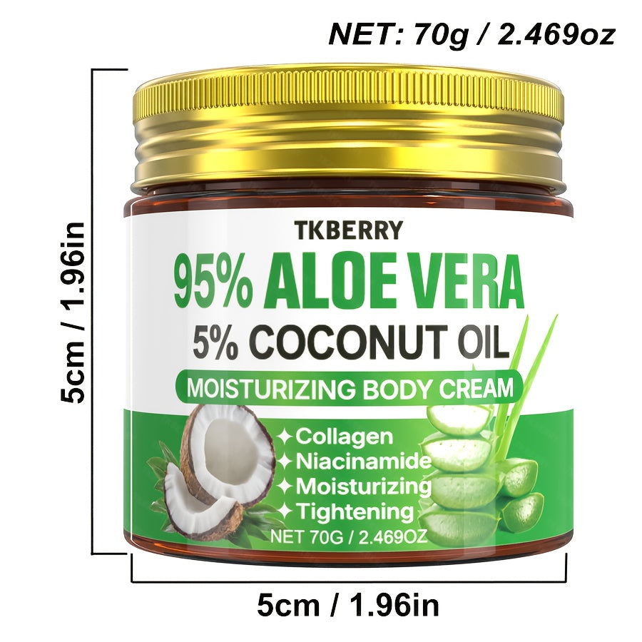 Body Moisturizer with Aloe Vera Cream in a jar featuring 95% aloe vera and 5% coconut oil for skin hydration