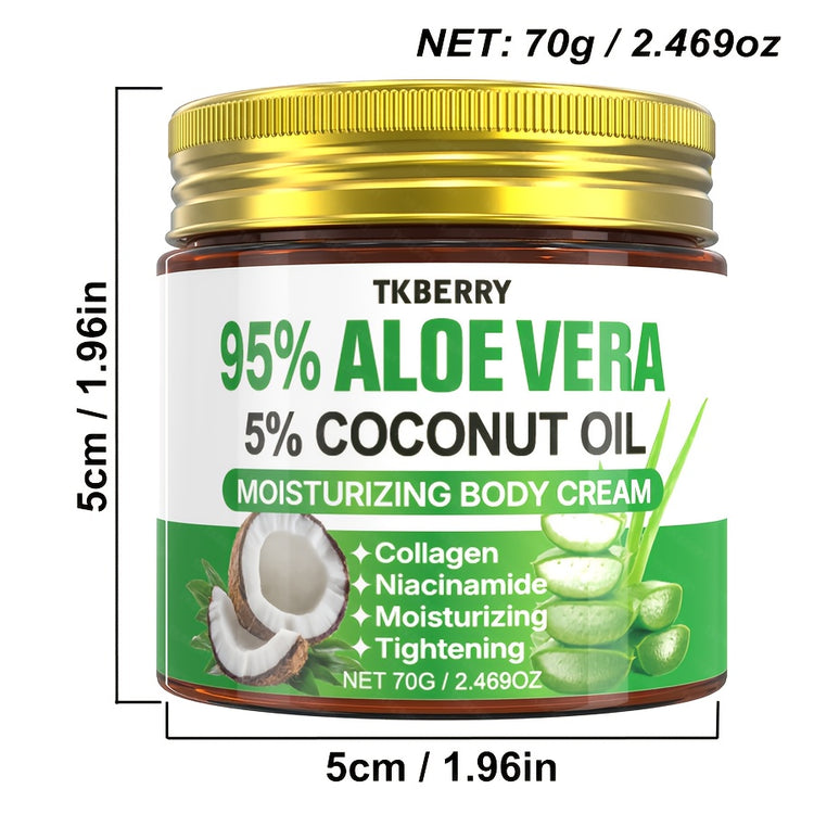 Body Moisturizer with Aloe Vera Cream in a jar featuring 95% aloe vera and 5% coconut oil for skin hydration