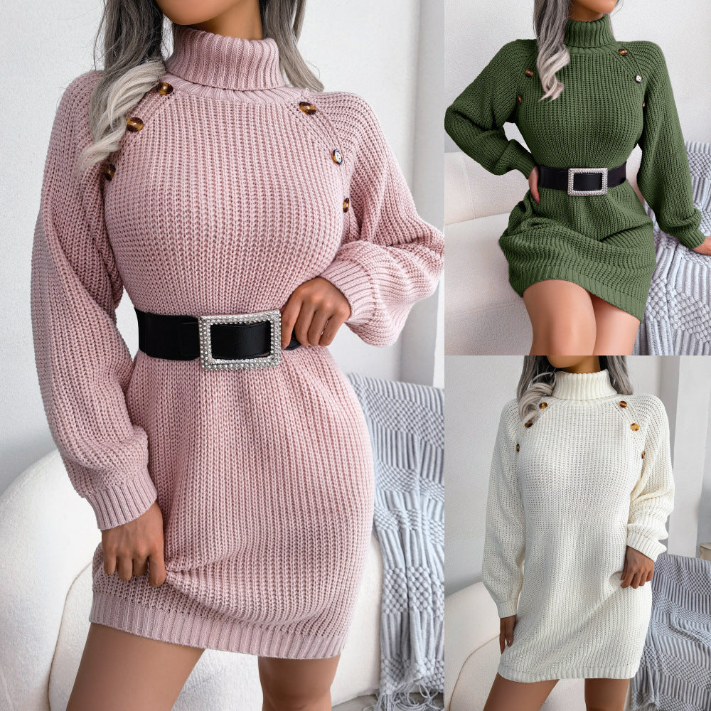 Winter Turtleneck Long Sweater Dress With Button Design Leisure Clinch Long Sleeve Base Sweater Women - Lifestil. www.Lifestil.net