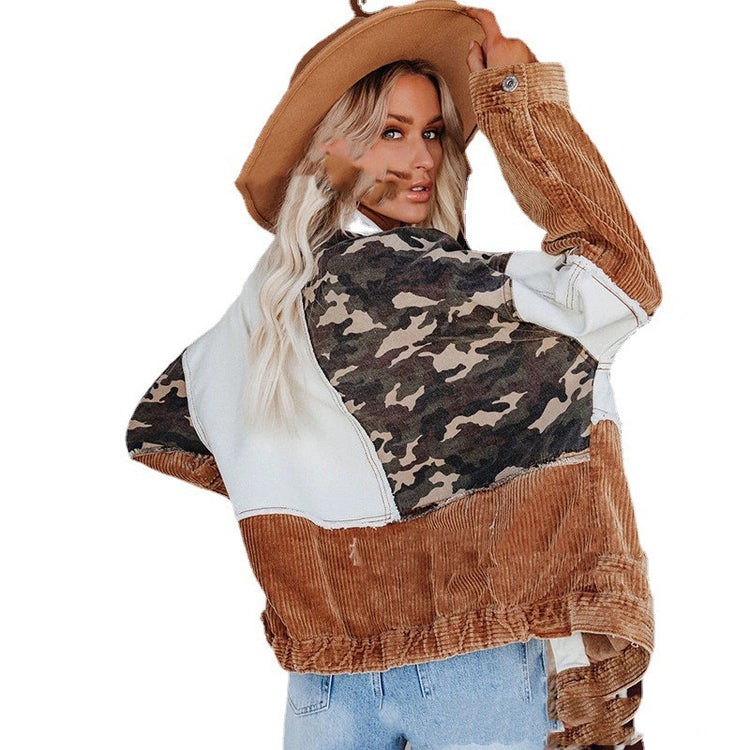 Woman Lapel Retro Camouflage Corduroy Jacket