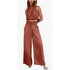 Brown halter top and wide-leg pants set on a white background