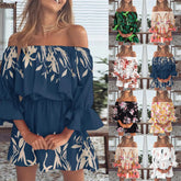 Woman wearing a blue floral off-shoulder dress with additional images of similar dresses in different colors.