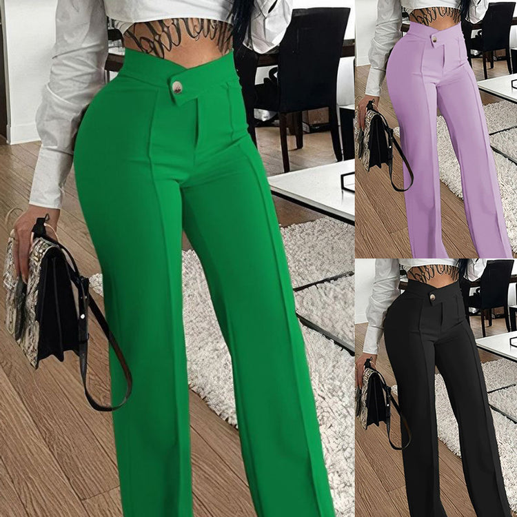 Three images of green, purple, and black pants worn by a person indoors.